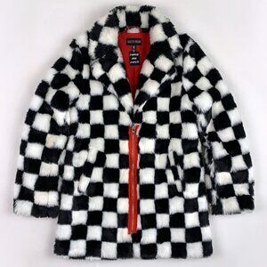 Current Mood Checkered Faux Fur Coat – Black & White Statement Jacket M